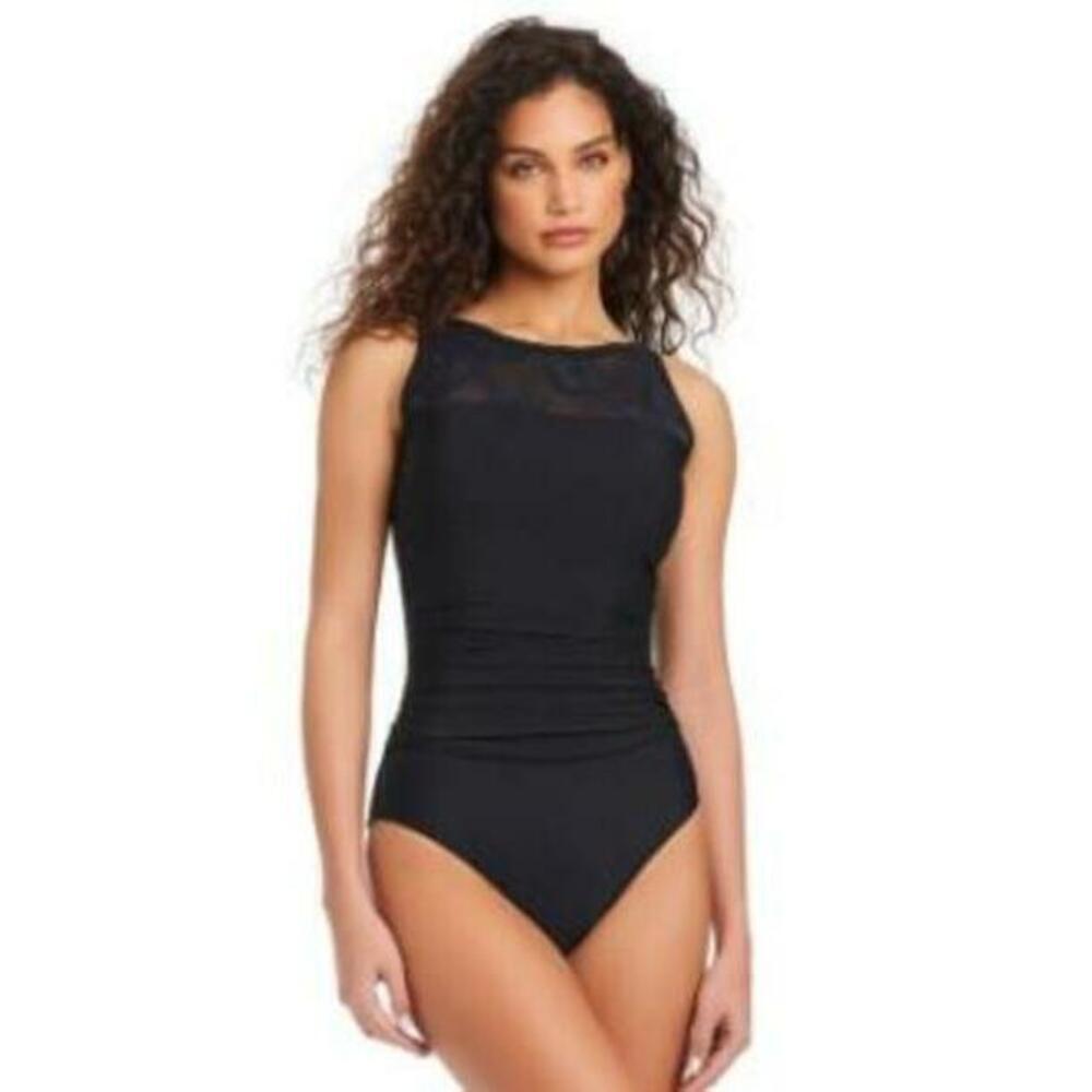 Beyond Control Women's Black Mesh High-Neck Swimsuit 10 NWT
